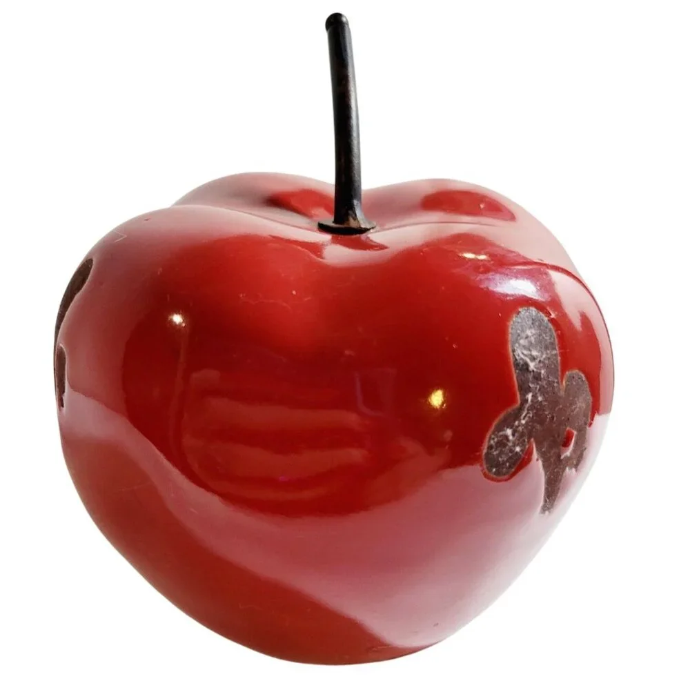 Vintage Red Enamel Over Metal Folk Art Apple Sculpture Signed Decorative Piece - Picture 4 of 7